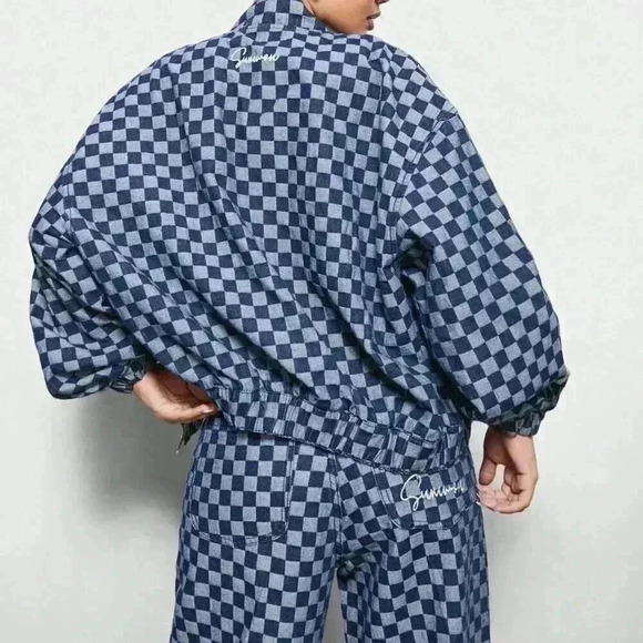 Blue Casual Women's Denim Checkboard Bomber Zip Through Jacket - Picture 2 of 4